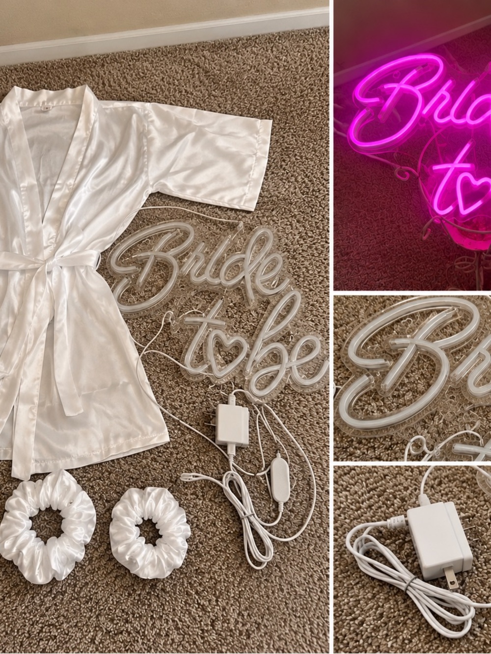 Bride-to-Be Neon Sign Party Set with White Satin Robe and Scrunchies